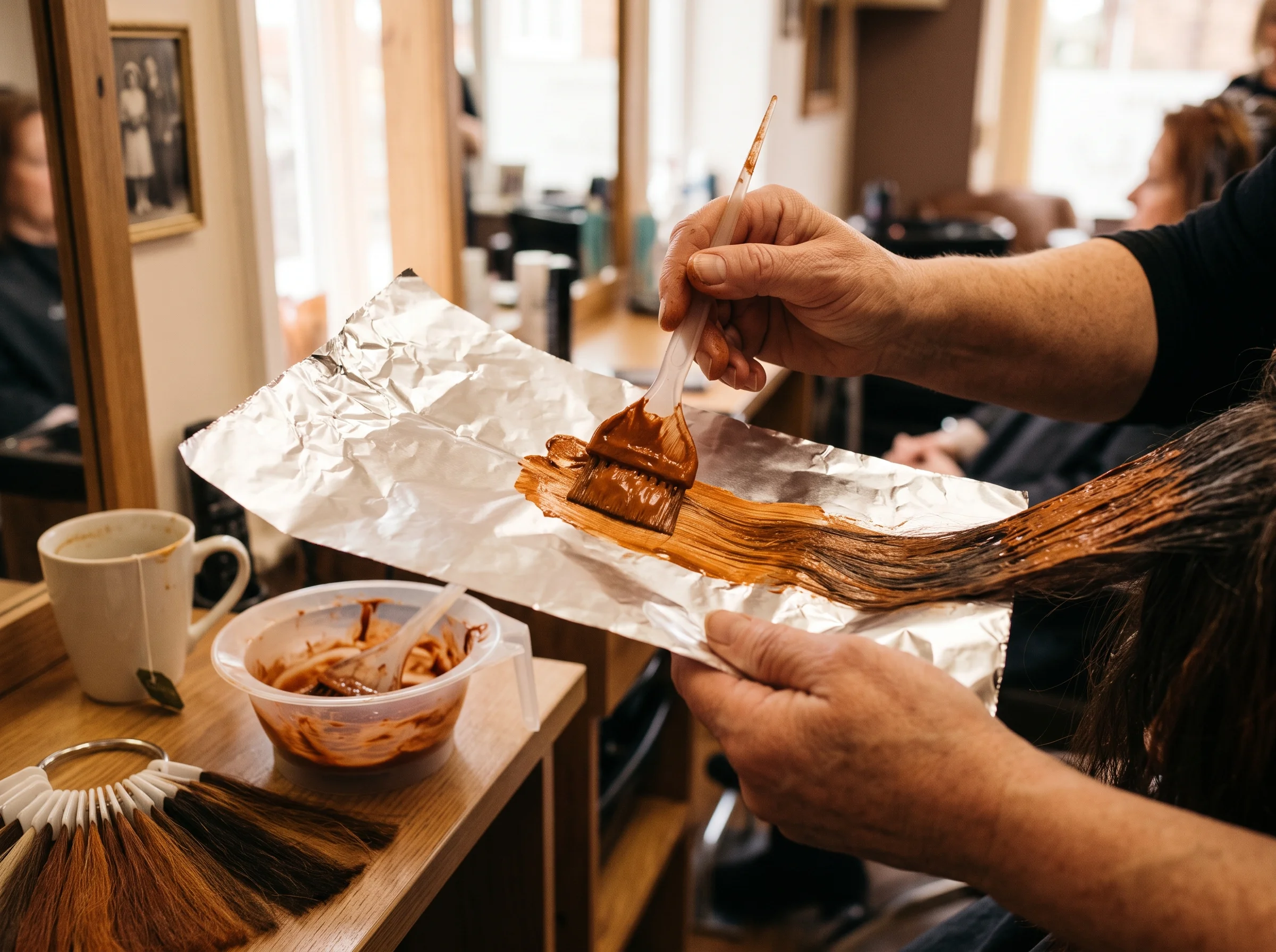 A colourist's hands painting copper colour onto foils in a client's hair, brush and bowl in frame