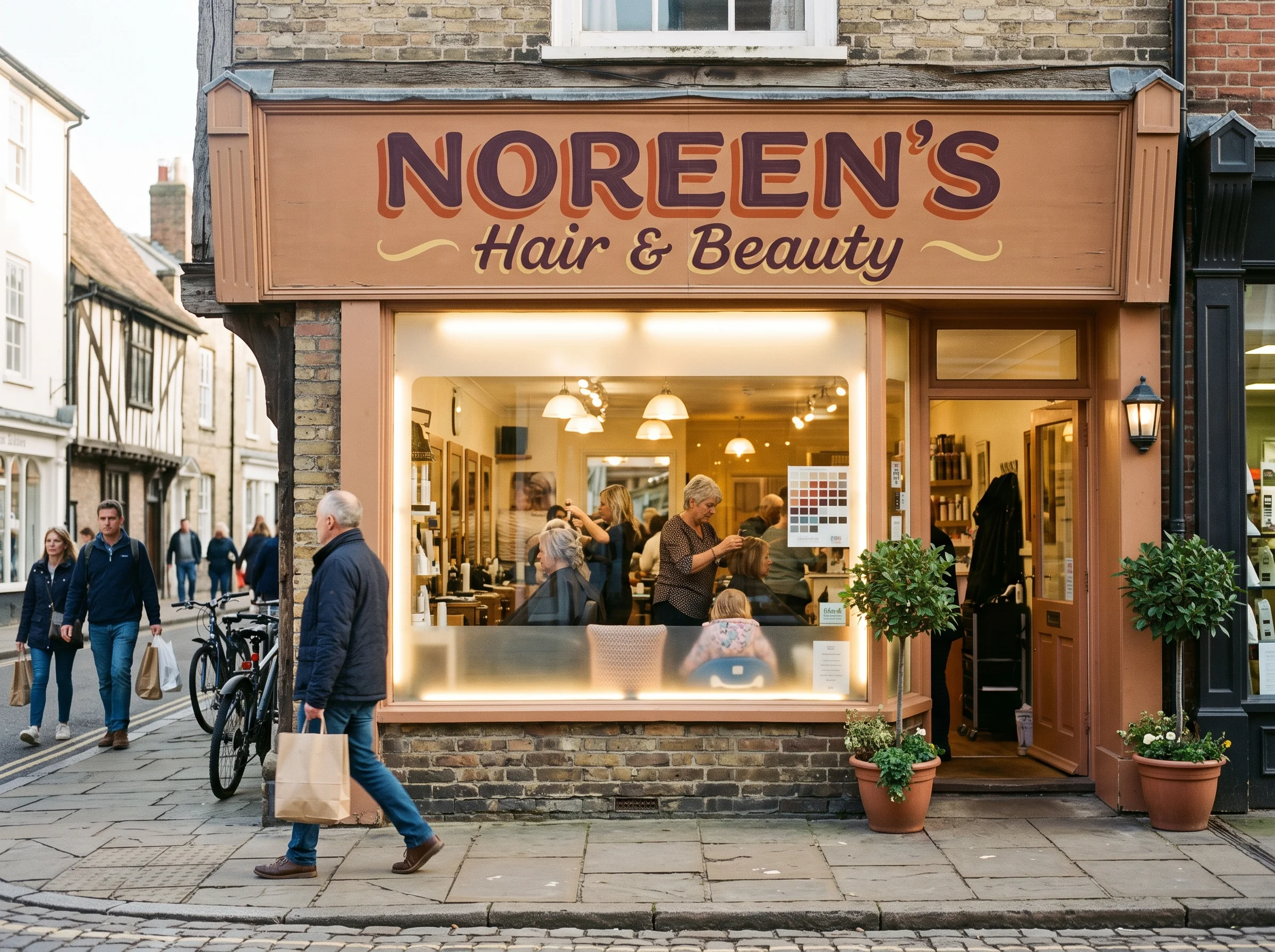 A market-town salon shopfront with a freshly painted hand-lettered fascia, warm light glowing from the window