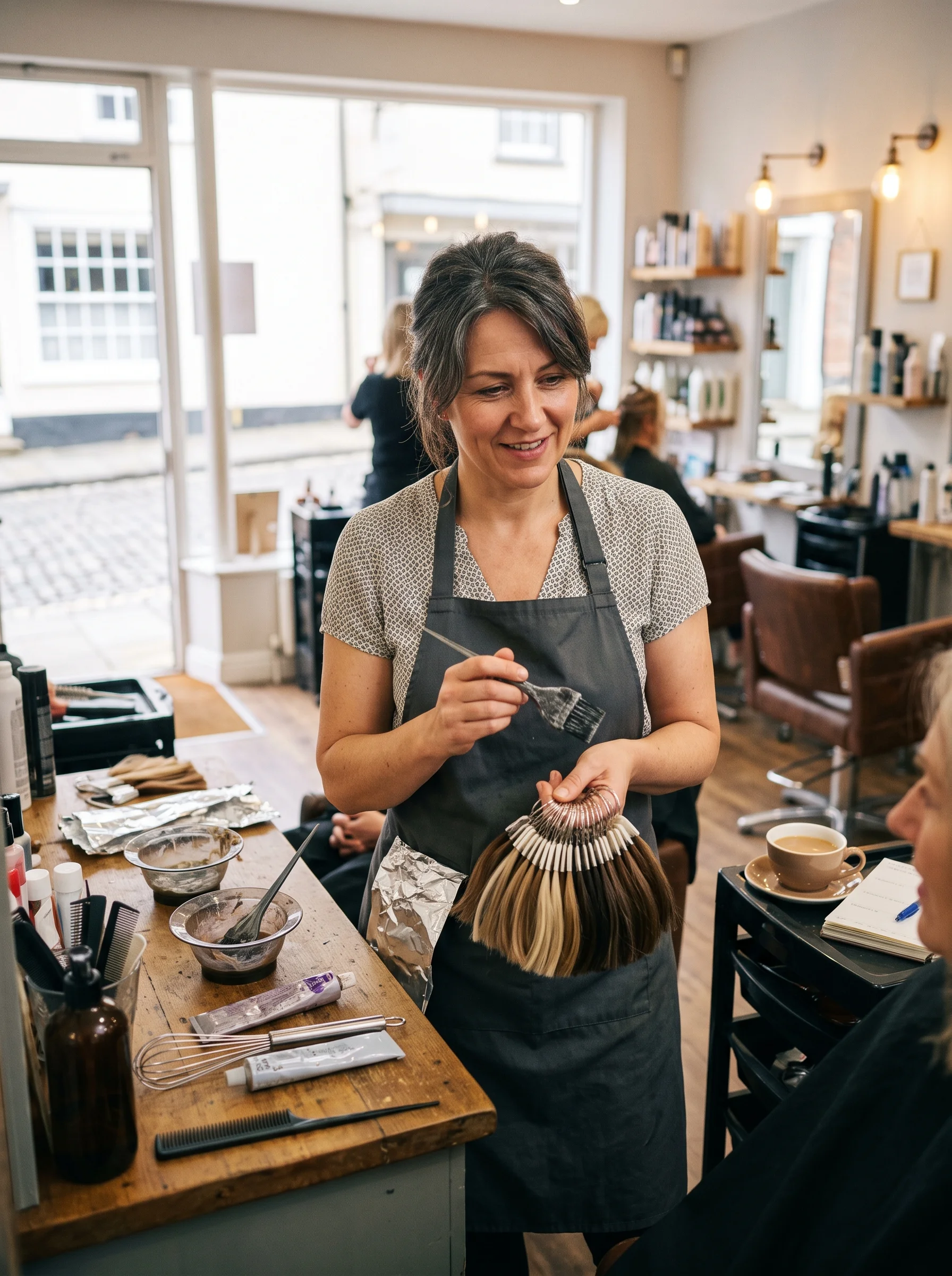 A colourist smiling at the tinting station, tint brush in hand