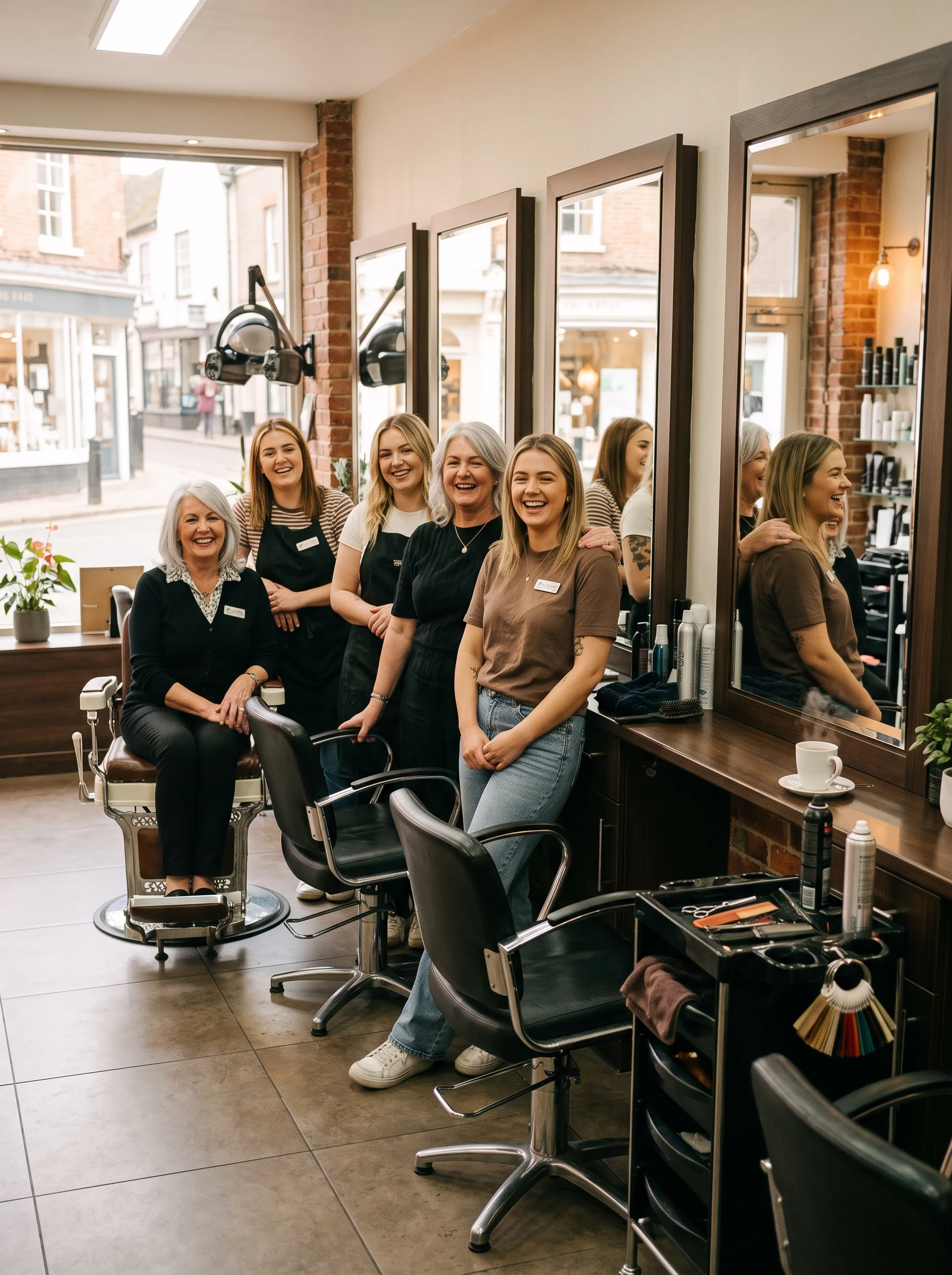 The salon team laughing together along a row of chairs and mirrors