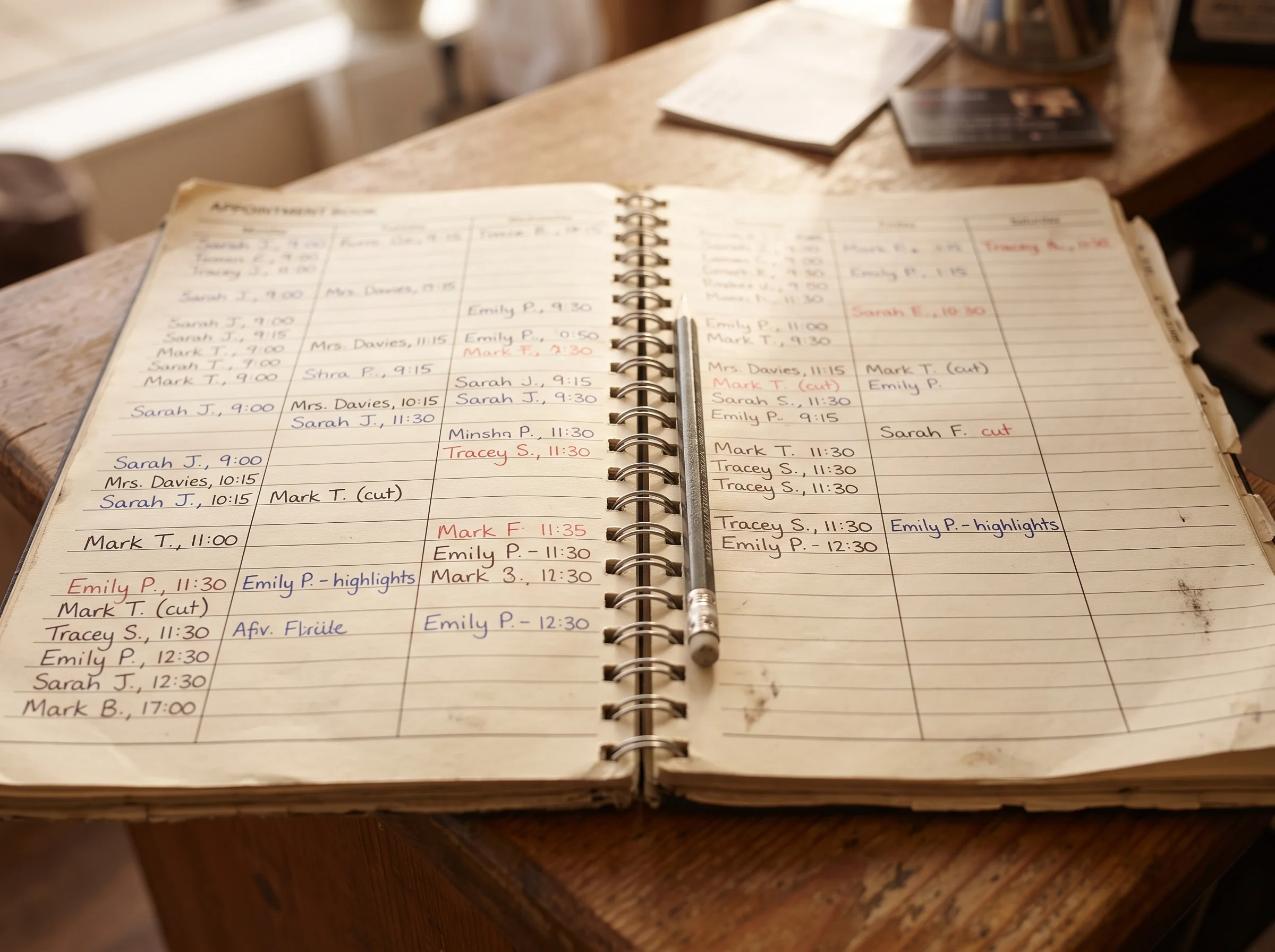 A well-thumbed appointment book open on a counter, every line filled with names in biro