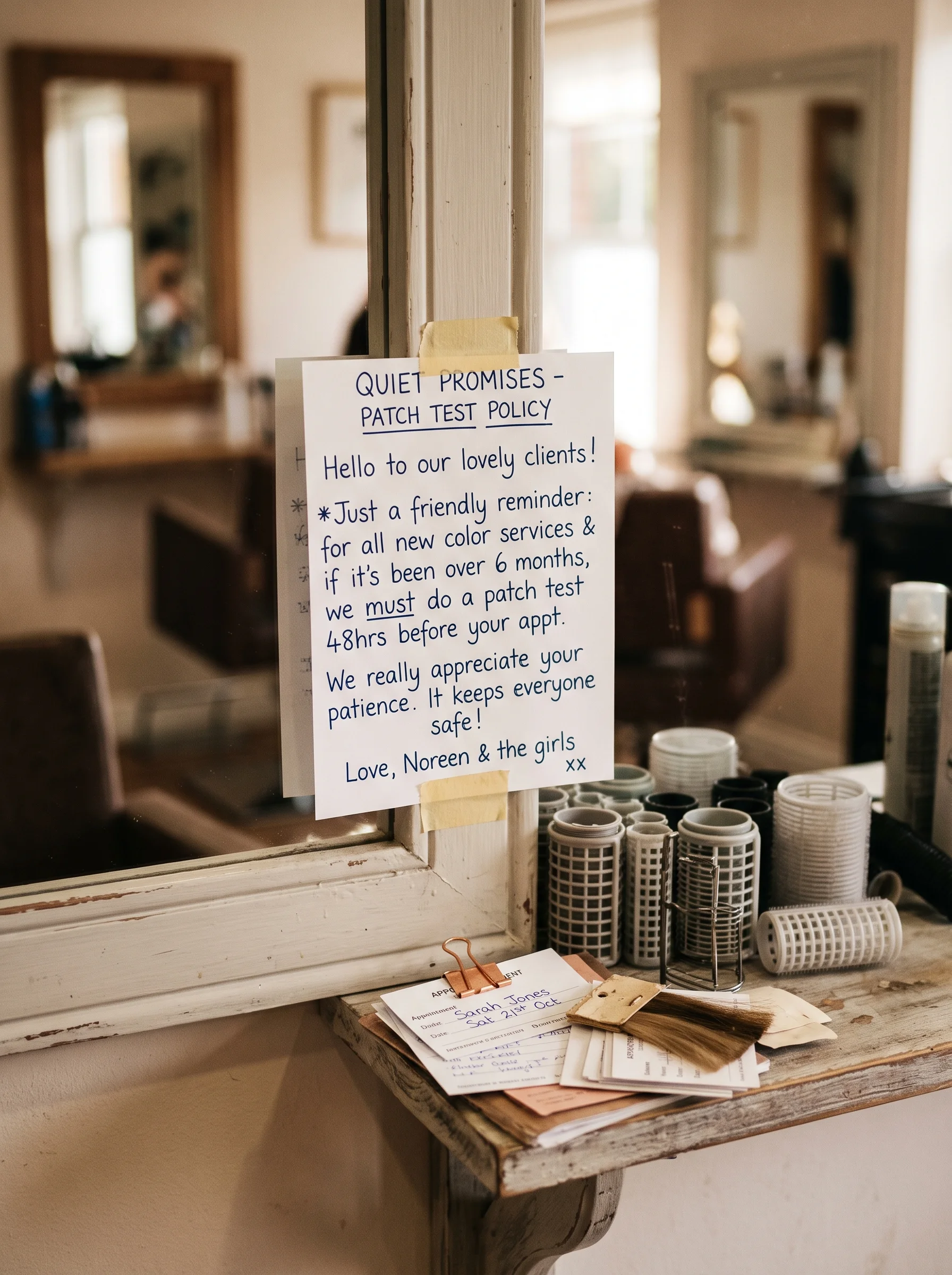 A handwritten notice taped beside a salon mirror, with rollers in neat rows on the shelf below