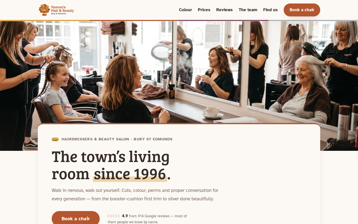 Noreen’s Hair & Beauty home page on a desktop screen
